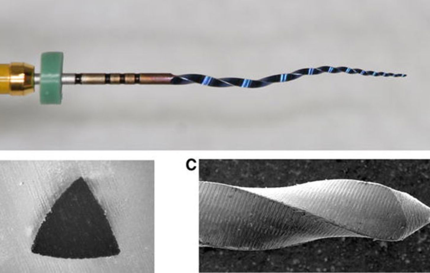 Overview of the TRUShape instrument in light microscopic and scanning electron microscopic imaging. a Instrument with apical size #20. Note the significant s-curve. b Cross-section approximately 3 mm from the tip. c Tip configuration.