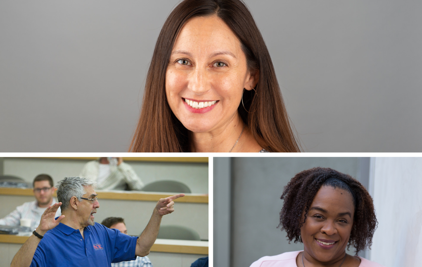 A collage of Professor Rachael Salcido (top) and Deans Larry Levine (bottom left) and Tracy Simmons (bottom right)