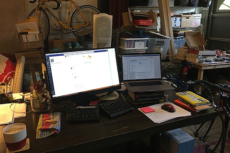 Political science professor Keith Smith has set up an office in his garage at home.