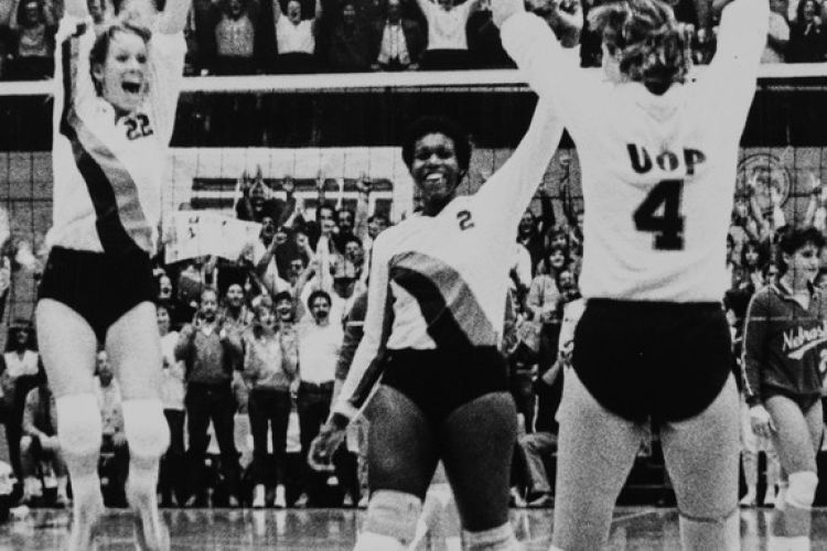 All-American Elaina Oden, center, helped lead Pacific to the 1985 and 1986 NCAA volleyball championships.