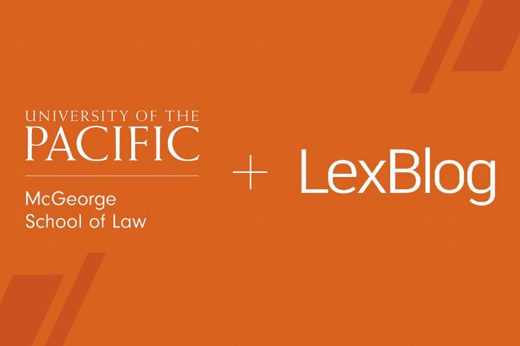 A graphic image with an orange background is depicted. On the left is the McGeorge School of Law logo, followed by a plus sign and the LexBlog logo. Darker orange design elements are incorporated in the design.