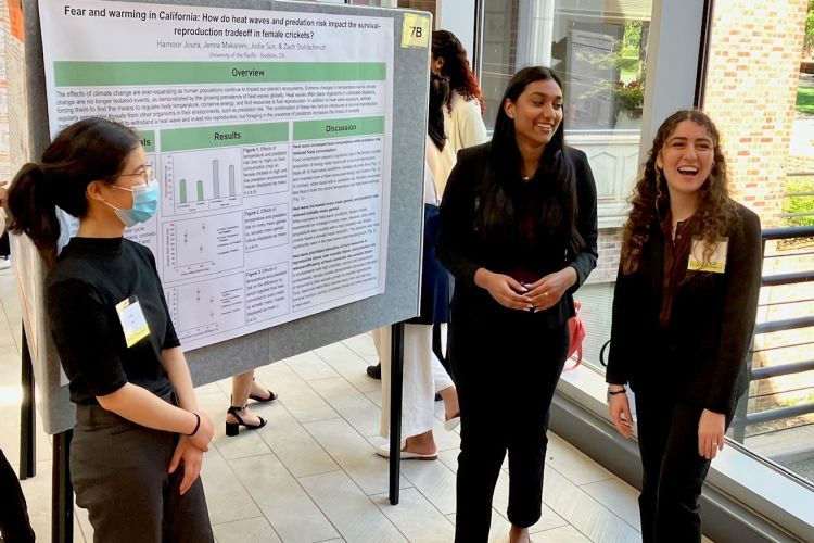 students stand next a poster giving a presentation of their work