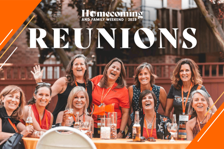 Text "Reunions" on top of a table full of sorority alumni wearing orange.
