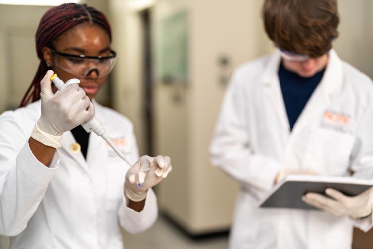 pharmacy students work together in a lab