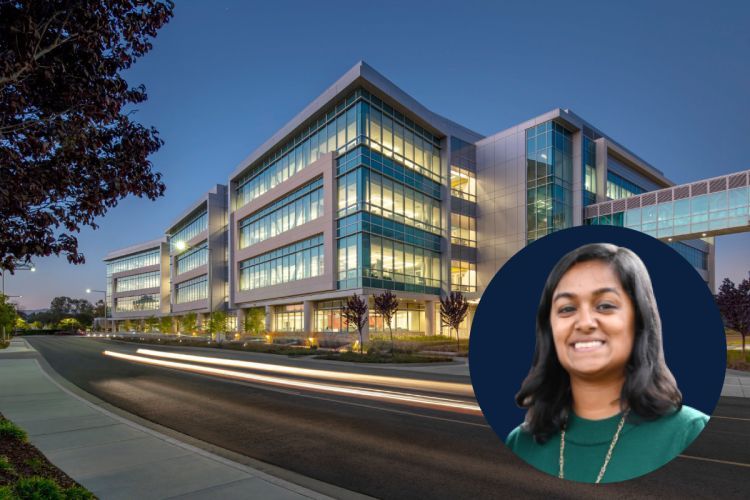 Gilead headquarters exterior with photo of Amy (Kurian) John ’13, PharmD