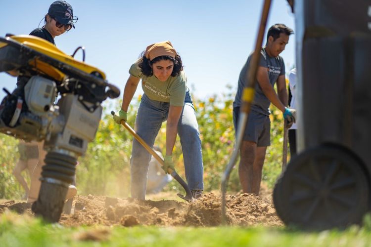 A student helps an area nonprofit with landscaping during the university's Day of Service held during Week of Welcome.