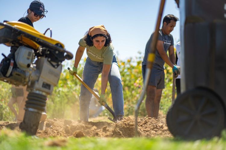 A student helps an area nonprofit with landscaping during the university's Day of Service held during Week of Welcome. 