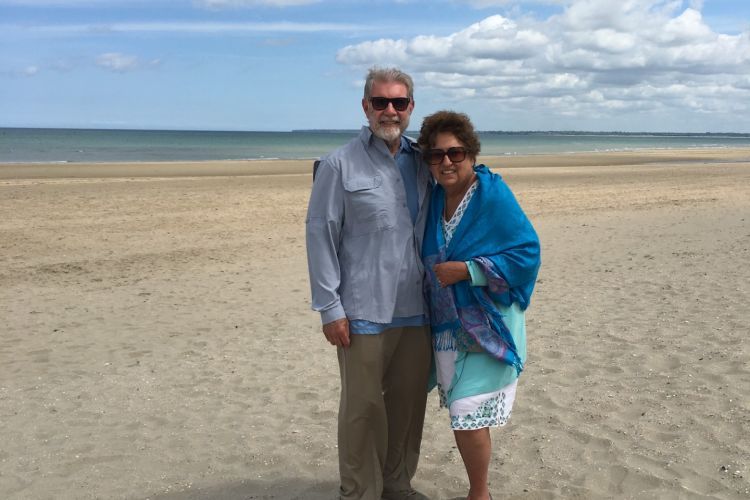 Tom Seifert and Dianne Philibosian on a visit to a D-Day memorial site.