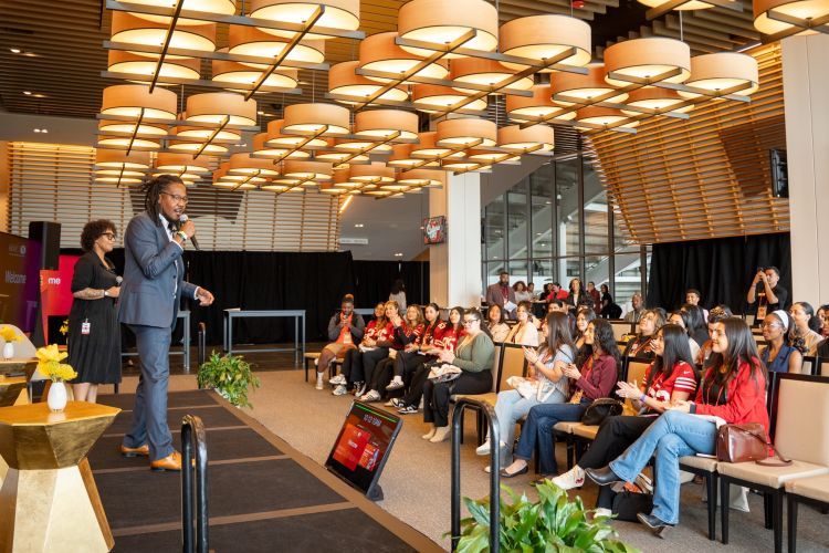 Donte Miller addresses students at Culture Day