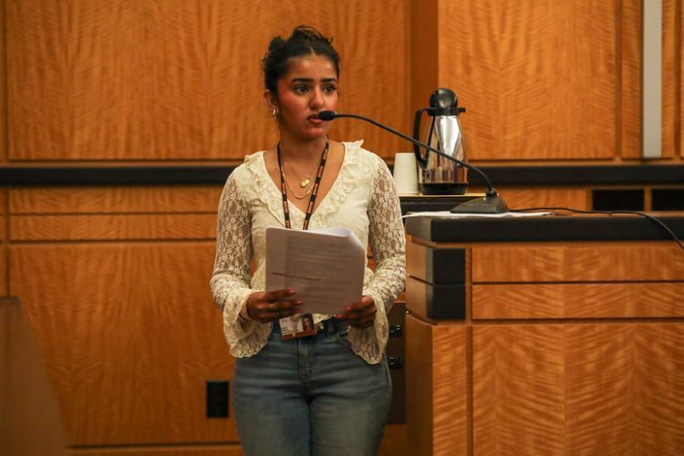 A girl speaking in a courtroom