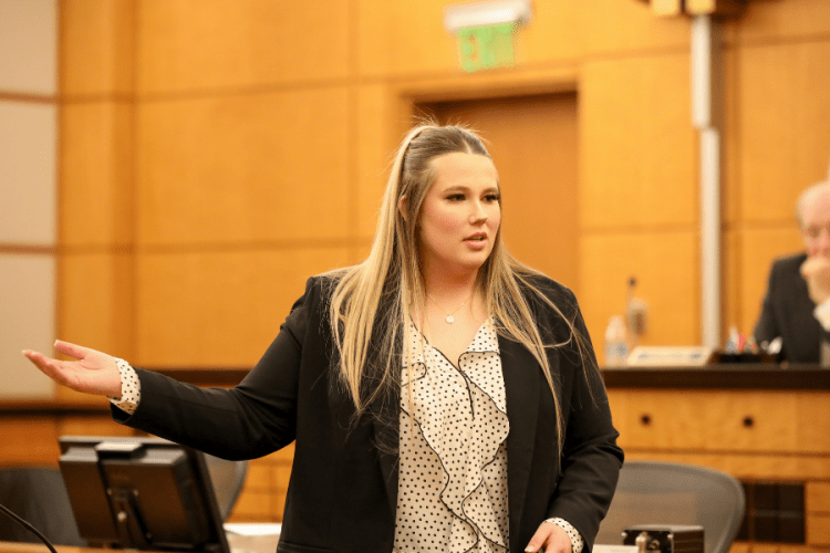 Brooke Shelly '26 competes in the regional round of the 2026 National Trial Competition at the Robert T. Matsui United States Courthouse in Sacramento.