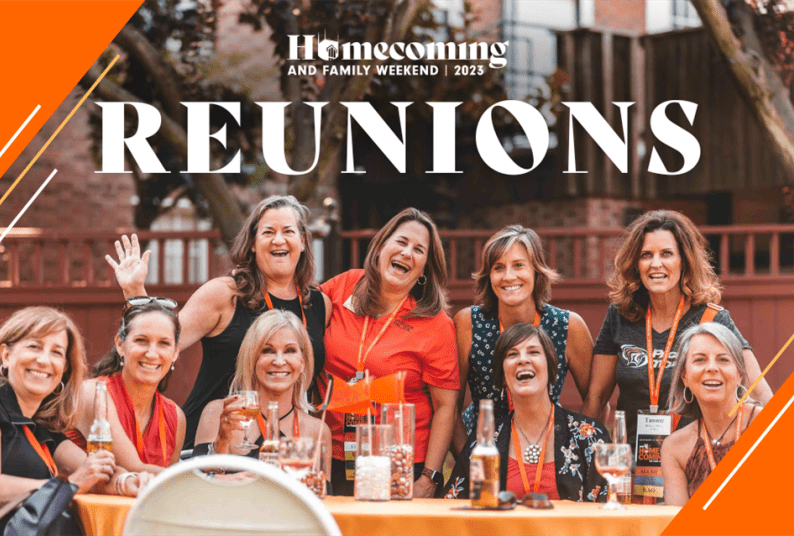 Text "Reunions" on top of a table of full of sorority alumni all dressed in orange.