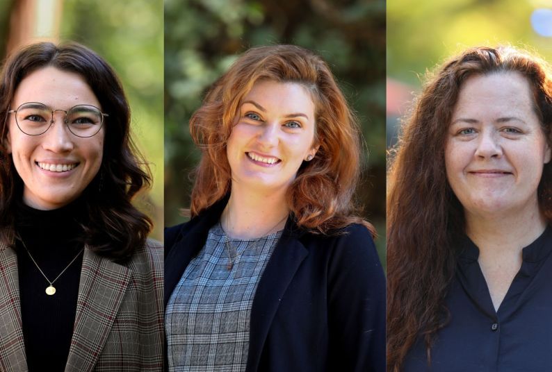 Three portraits of women outside, smiling at the camera. 