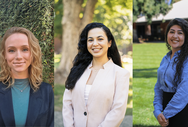 Three women pose for professional headshots. 
