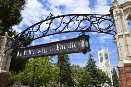 University of the Pacific's main gate and Burns Tower