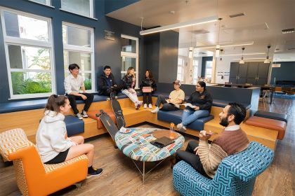 students sit on couches in Calaveras Hall