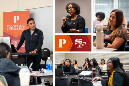 Collage image of 49ers staff speaking to Pacific students.