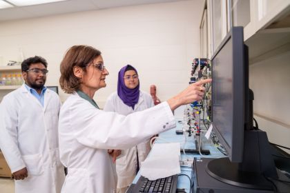 Professor Roshanak Rahimian points to a computer screen in her lab