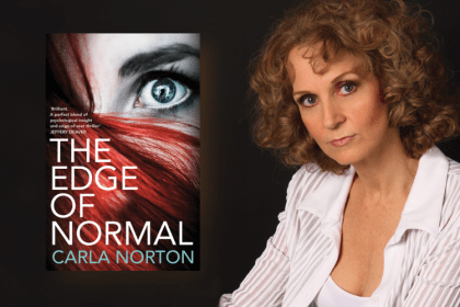 Carla Norton beside her book cover.
