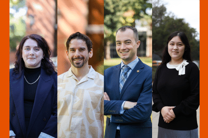 Four induvial headshots against an orange background.