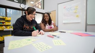 students at desk working together 