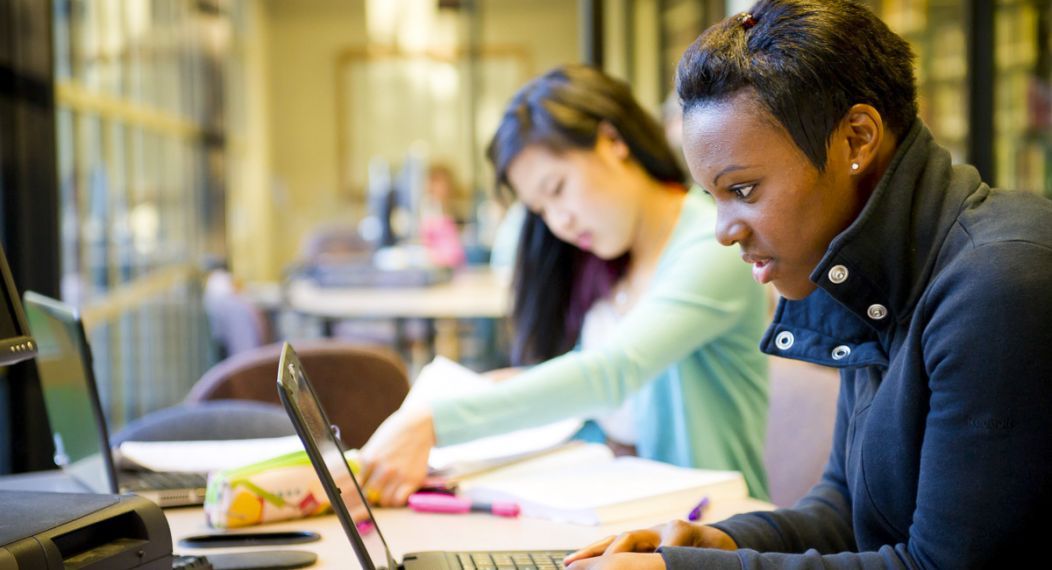 Students working in the computer room at the library