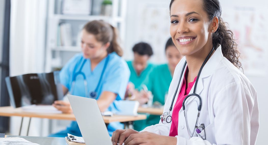 health care student on laptop