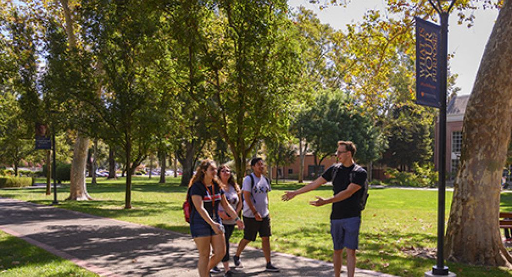students walking on a path on Knoles Lawn at University of the Pacific
