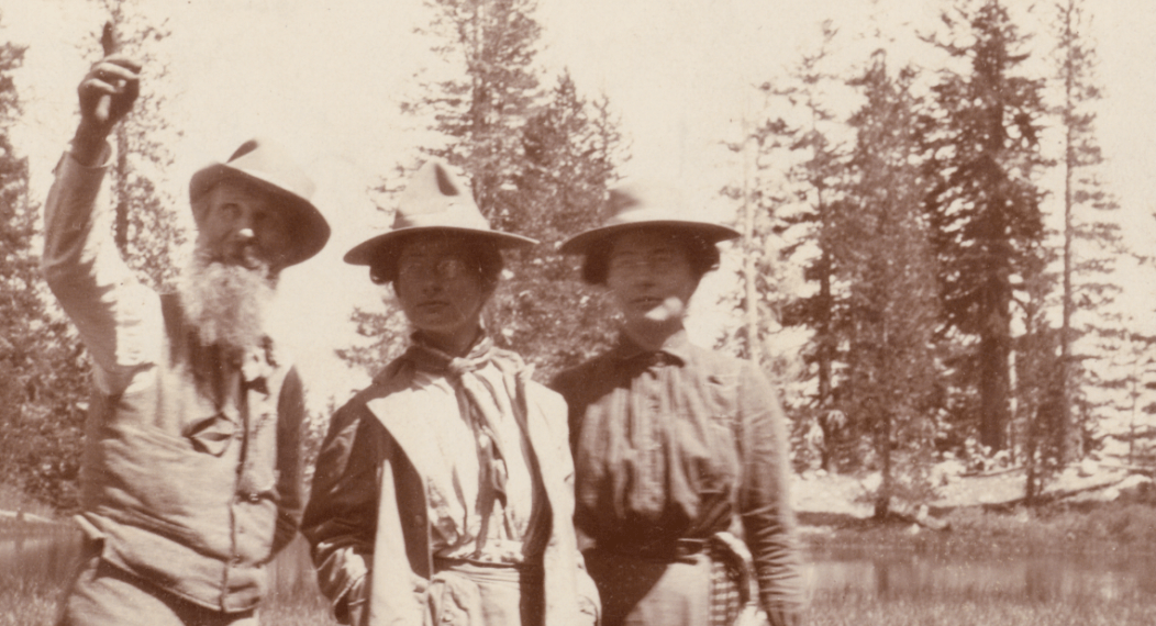 John Muir and two women in Yosemite Valley