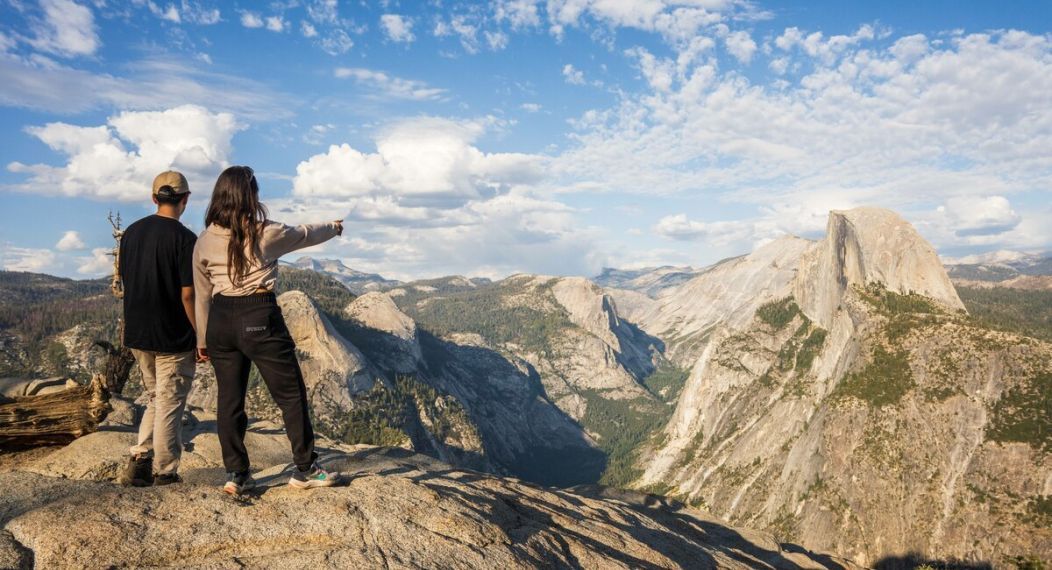 On a trip in Yosemite, students look toward Half Dome