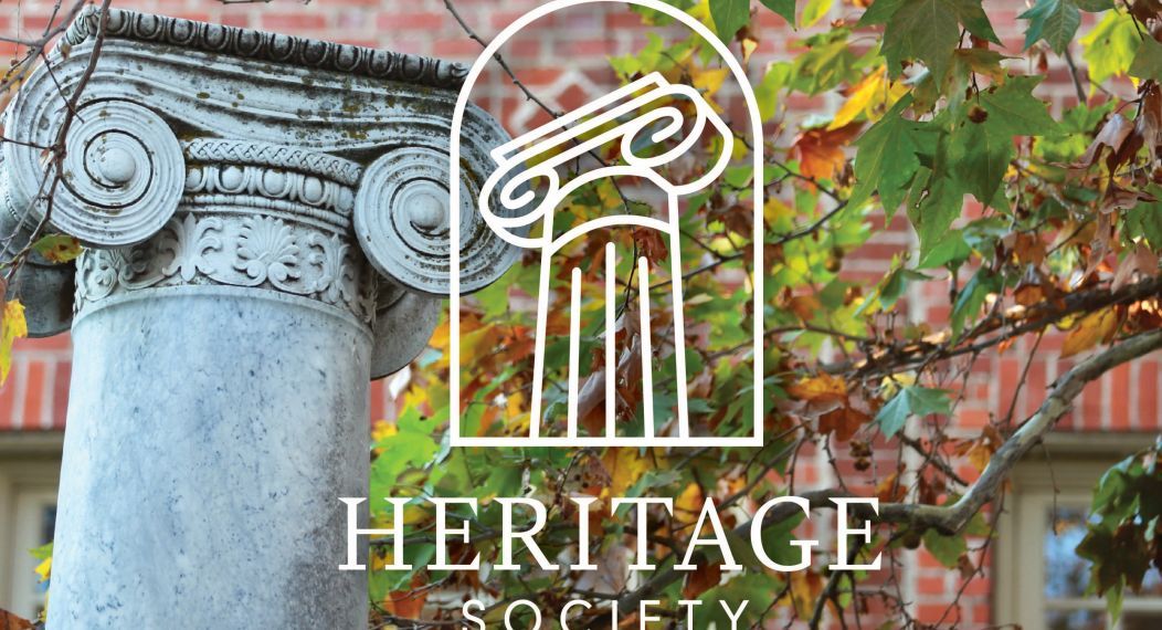Heritage Society Logo overlaid on a background with columns