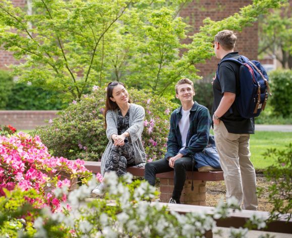 students sitting next to flowers