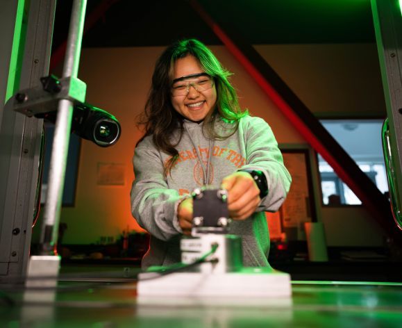 Calista Morita, mechanical engineering major, works on a project in the School of Engineering and Computer Science's advanced manufacturing lab.