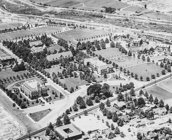 a black and white aerial view of the Stockton Campus