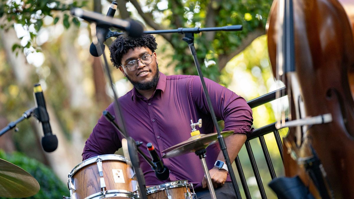 Pacific's jazz studies major performing on drums